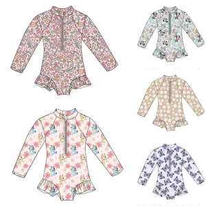 Western Print Girl Summer One Piece Swimsuit Long Sleeve Elastic Baby Kids Beach Wear With Zipper