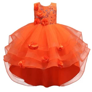 Western Style Formal Summer Ball Gown Satin Floral Children’s Flower Girl Dress Pink for Wedding Party Layered Styling 2-7Y