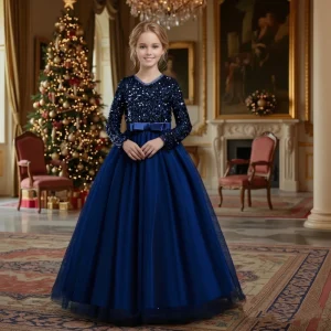 Western Style Sequin Girl Wedding Gown Green Long Sleeve Sequin Big Girl Party Dresses Girl Party Dresses for 12Y