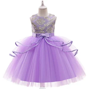 Western Style Tailed Girl Wedding Dress Elegant Crew Neck Baby Girls Beaded Dress