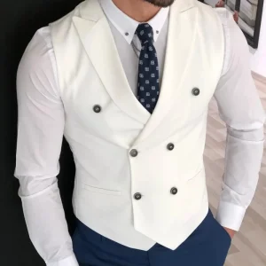 White Double Breasted Vest for Men Costume Homme Slim Fit Wedding Vests Men’s Waistcoat Plus Size Mens Vest Only