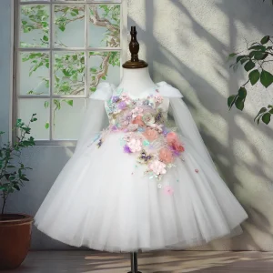 White Flower Embroidery Ball Gowns Kids Birthday Party Baby Girls Princess Wedding Clothes for Girls Dress