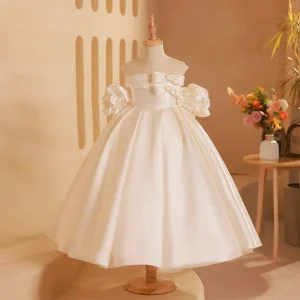 White Girls Princess Dress Casual Satin Lace Decor Formal Lolita Style for Children’s Summer Birthday or Wedding