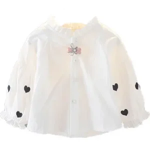 White Ruffle Shirt Top for Girls Long Sleeve Cotton Blouse with Plaid Decoration Pocket Casual Style Spring Summer Autumn