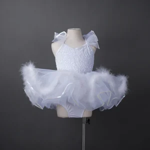 White Velvet Sparkle Sequins Kids Girls Dance Costume Tutu Dancewear Ballet Dance Dress
