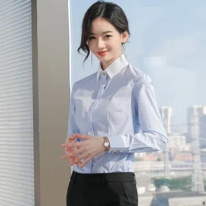 White and Blue 60% Polyester 40% Cotton Long Sleeve Suit Shirt Girls Blouses&office Shirt