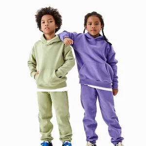Winter 50% Cotton Kids Fleece Tracksuit Set 350gsm Streetwear Boys Girls Hoodie and Jogger Set for Custom Printing OEM
