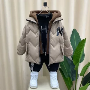 Winter Boys Fake Two Pieces Jacket Lining Plus Velvet Thicken Keep Warm Hooded Windbreaker for 4 12Y Down Cotton Overcoat