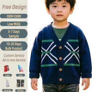 Winter Boy’s Sweater Coat Cotton Knitted Long Sleeve Button Cardigan Coat for Kids Boy V-neck Custom Sweater Clothes