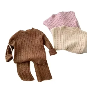 Winter Casual Girls Sweater Set Knitted Pullover with Solid Pattern Bell Bottoms 2pcs Baby Clothes Suit
