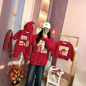 Winter Children New Year Greeting Korean Style Parent Child Set Boys Girls Zodiac Red Cotton Fleece Lined Long Sleeve