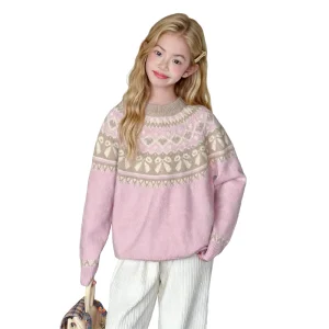 Winter Cotton Thickened Warm Soft Pattern Pullover Sweater for Girls