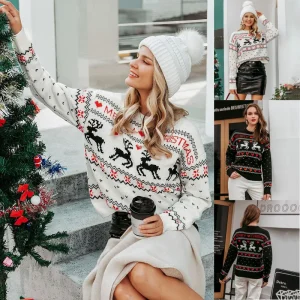Winter Design Embroidery Knitted Pullover Girls Women’s Animal Christmas Jumper O Neck Knitted Xmas Sweaters for Adult