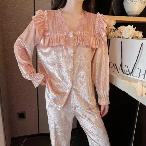 Winter Girl Lounge Sleep Wear Long Sleeve Pajama Lace Two Piece Pajama Set Clothing Velvet Sleepwear for Women