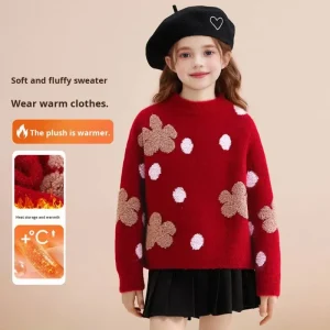 Winter Girls Fluffy Red Sweater Warm Plush Clover Polka Dot Knit Pullover for Kids