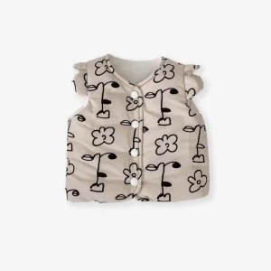 Winter Infant Girls Baby Fly Sleeve Vest Flower Cartoon Printing Velvet Thickening Open Button Cardigan Jacket Vest