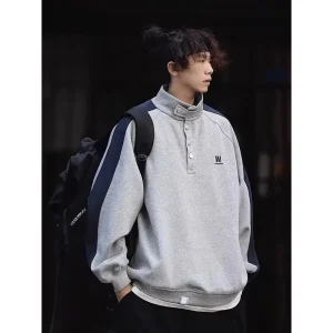 Winter Japanese Style Retro City Boy Crocheted Heart Pattern Stand Collar Casual Sweater Couple Loose Fit Workwear Jacket