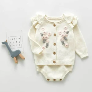 Winter Kids Girl Clothing Set Sweater Knitted Cardigan Coat Baby Clothes Embroidered Cardigan+Romper 2PCS Outwear Sets