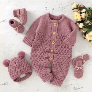 Winter Newborn Baby Cotton Clothes Infant Girls Long Sleeves Solid Color Knit Rompers Hat Set Toddler Boy Sweater