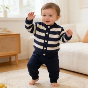 Winter Newborn Baby Knit Clothing Suit Toddler Boy Long Sleeves Striped Cardigan and Pant 2 Piece Clothes Sets Kids Sweater