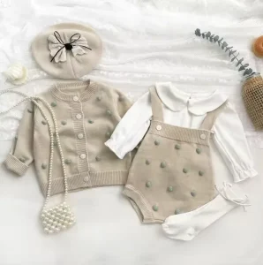Winter Newborn Baby Knit Polka Dot Clothes Toddler Girls Long Sleeves Cardigan and Sling Romper Cute Baby Sweater