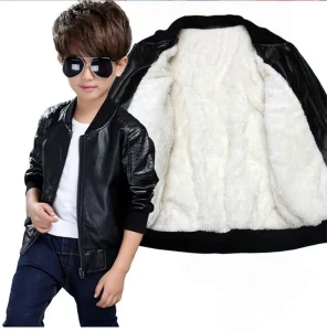 Winter Reversible PU Faux Leather Motorcycle Jacket for Boys Kids’ Coat with Zipper Fleece Jacket