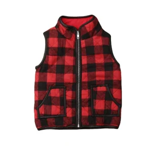 Winter Warm Waistcoat Vest Clothes Kids Puffer Quilted Pocket Gilet Coat Girl Buffalo Plaid Zipper Jacket
