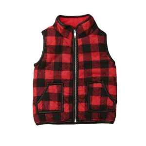 Winter Warm Waistcoat Vest Clothes Kids Puffer Quilted Pocket Gilet Coat Girl Buffalo Plaid Zipper Jacket
