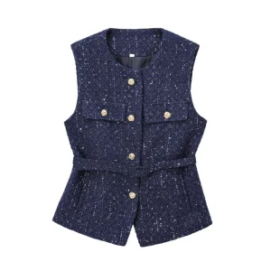 Women Blazer Vest Button Down Sleeveless Elegant Blazer Jacket Business Office Waistcoat With Belt Vest