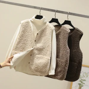 Women Button Waistcoat Vest Wool Warm Sleeveless Jacket
