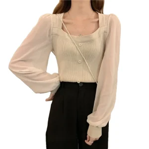 Women Chiffon Long Sleeve Patchwork Shirts Women’s Blouse Square Collar Knit Clothes Slim Tops Fashion Girls Casual Shirt