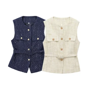 Women Early Spring Fashion With Belt Vest Coat Vintage Sleeveless Pockets Female Waistcoat Chic Tops