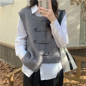 Women Elegant Vest Solid Color Knitted Waistcoat Female Vintage Sleeveless Cardigan