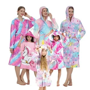 Women Girls Cartoon Sleepwear Pajamas Children’s Robe Flannel Hooded Robe Infant Clothes for Bath Kids Bathrobe Hotel Bathrobes