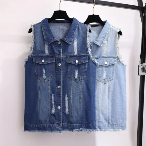 Women Girls Denim Ripped Sleeveless Ragged Edge Korean Plus Size Clothing Jacket Vest Waistcoat