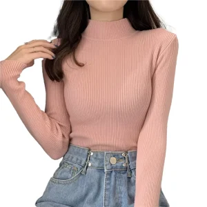 Women Girls Knitwear Stand Collar Pullover Blouse Long Sleeve Solid Color Knit Slim Autumn Winter Casual Sweater