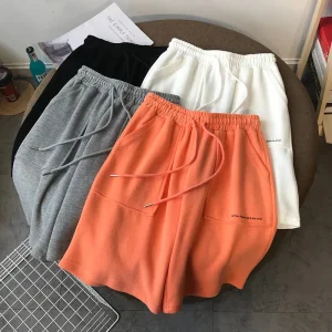 Women Girls Shorts Drawstring Elastic Waist Letter Printed Summer Pockets Solid Color Sports Beach Loose Casual