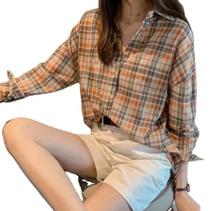 Women Girls Summer Spring Thin Style Button Lapel Plaid Shirt Retro Long Sleeve Top Blouse Casual Shirt