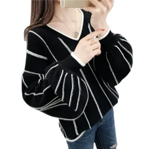 Women Girls Sweater Knitwear V neck Puff Sleeve Striped Loose Knit Pullover Korean Tops Casual Knitwear