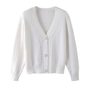 Women Girls White Spring Autumn Sweater Cardigan Jacket Long Sleeve V neck Button Casual Tops Knitwear Sweater
