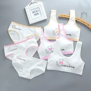Women Junior Girls Underwear Padded Cotton Vest and Panties Sport Teenage Bra Set