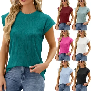 Women Lady Girls Round Neck Short Sleeve Loose Solid Color Spring Summer Elegant Casual Daily Blouses and T Shirt