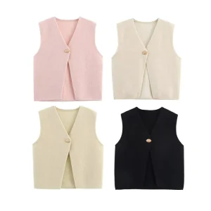 Women New Fashion One-button Knitted Fabric Vest Coat Vintage Sleeveless Female Waistcoat Chic Tops