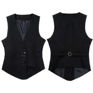 Women Pure Color Waistcoat V Neck Double Breasted Button Down Adjustable Back Strap Fully Lined Vest for Office Party