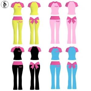 Women Sets Custom LOGO Lounge Set High Quality Tall Girl Friendly Shirts Flare Pants Bow Clothing Women Leggings Sets