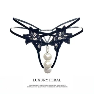 Women Sexy Pearl Underpants Flower Embroidery Hollow Out Seduction String Briefs Lady Exotic Lingerie Underwear