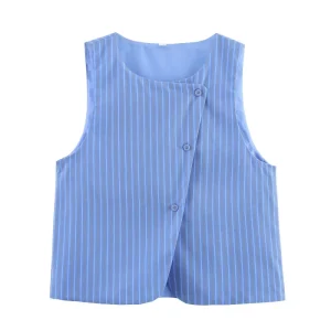 Women Spring New Chic Fashion Striped Vest Coat Vintage Sleeveless Female Waistcoat Chic Tops