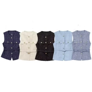 Women Spring New Fashion Accessorize with Belt Beads Vest Coat Vintage Sleeveless Female Waistcoat Chic Tops