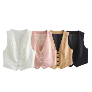 Women Spring New Fashion V neck Short Waistcoat Vintage Sleeveless Female Camis Chic Tops