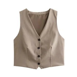 Women Spring New Fashion V-neck Slim Fit Vest Coat Vintage Sleeveless Female Waistcoat Chic Tops